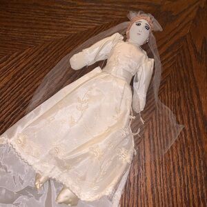 Antique Vintage 11” Handmade Bride Stuffed Doll Toy Lace
